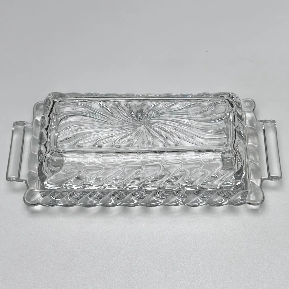 Vintage Clear Pressed Glass Butter Dish Sunburst Swirl Pattern Handled Tray Lid